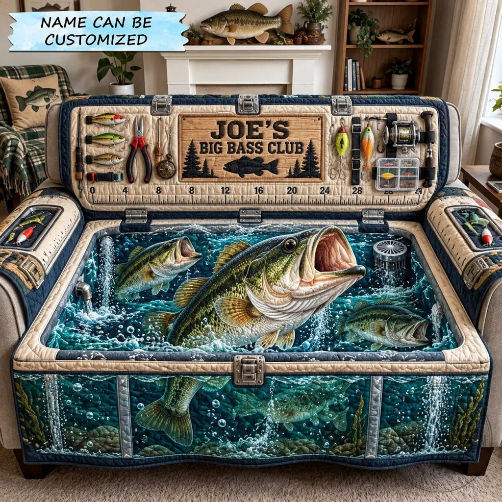 Personalized Big Bass Club Fishing Lure Tackle Box Quilted Blanket Personalized Big Bass Club Fishing Lure Tackle Box Quilted Blanket