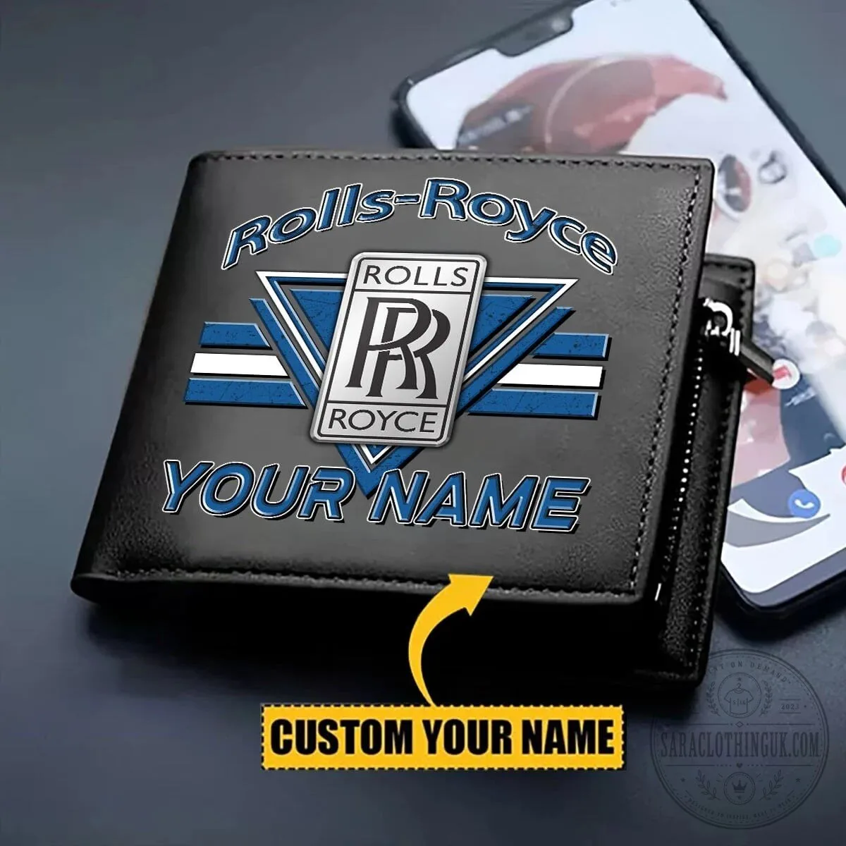 Rolls-Royce Custom Name Personalized Luxury Car Logo Black Leather Wallet