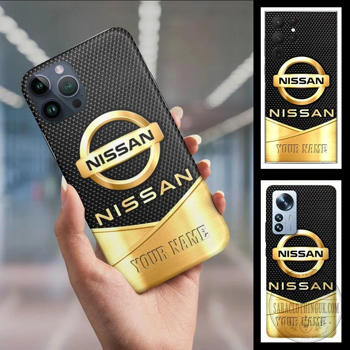 Nissan Gold Logo Custom Name Black Carbon Fiber Pattern Phone Case