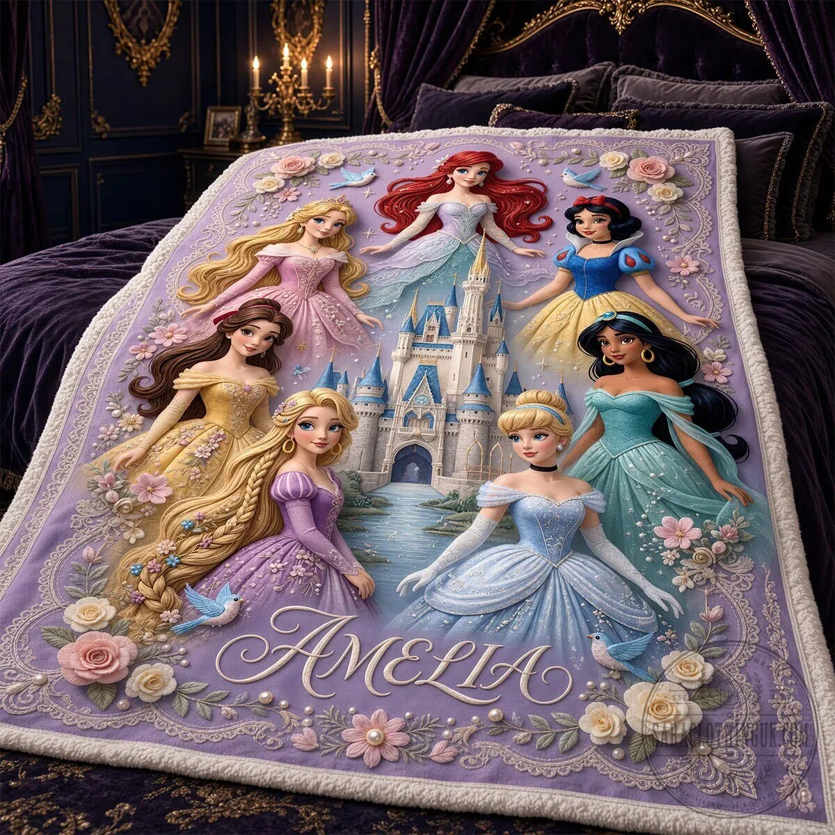 Disney Princesses Castle Personalized Name Blanket for Girls and Women
