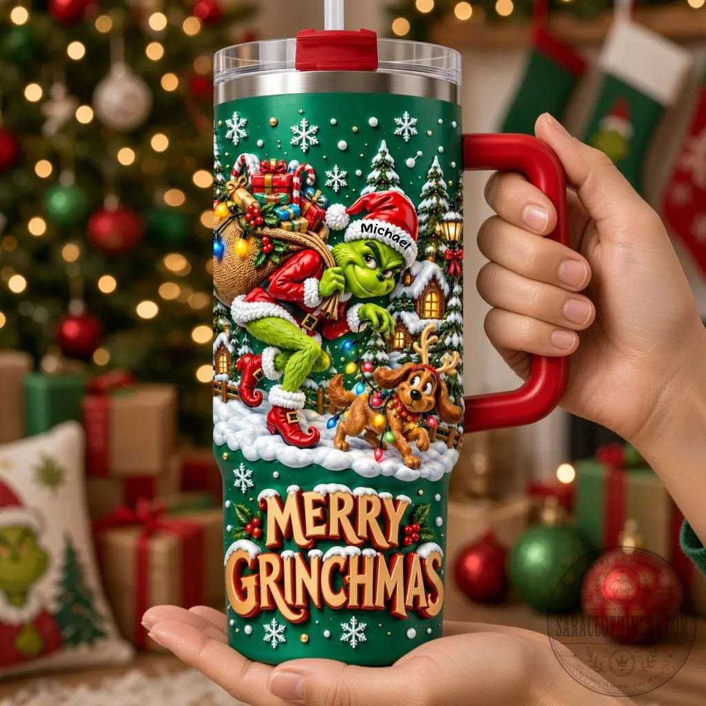 Merry Grinchmas Christmas Mischief Personalized 40oz Tumbler with Handle Merry Grinchmas Christmas Mischief Personalized 40oz Tumbler with Handle