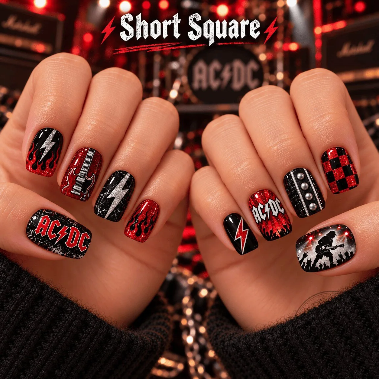 AC/DC Rock and Roll Band Red and Black Flame Short Square Press-On Nails 1 AC/DC Rock and Roll Band Red and Black Flame Short Square Press-On Nails