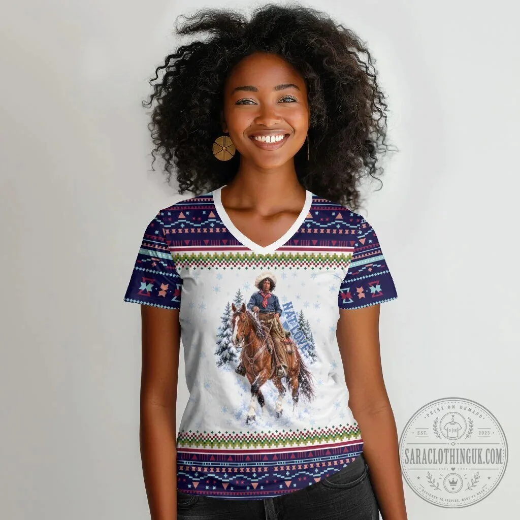 Nat Love African American Cowboy Winter Snow Fair Isle Pattern V-Neck T-Shirt