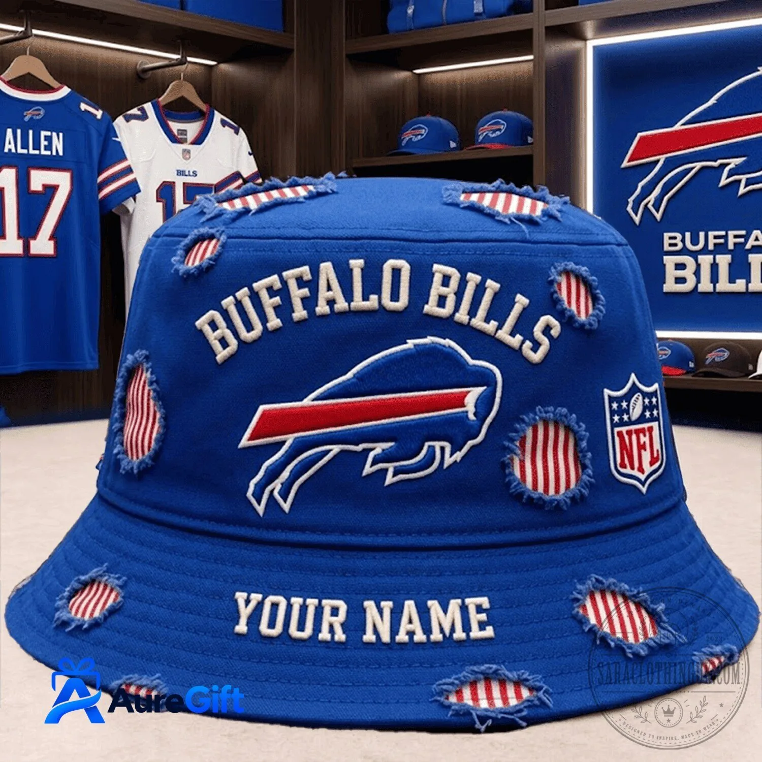 Personalized Buffalo Bills NFL Distressed Style Royal Blue Bucket Hat