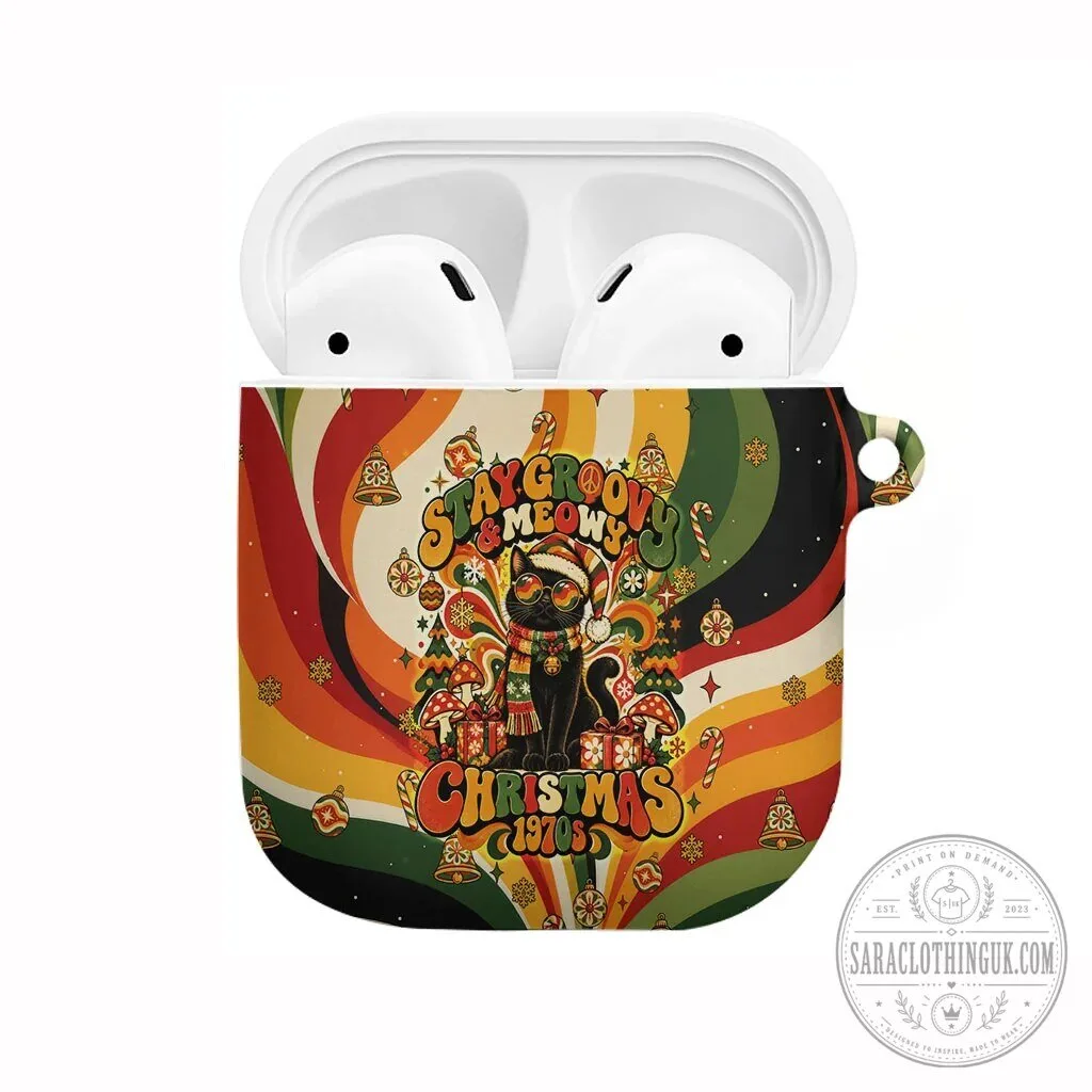 Groovy Christmas Black Cat AirPods Case Vintage 1970s Retro Holiday Waves Pattern