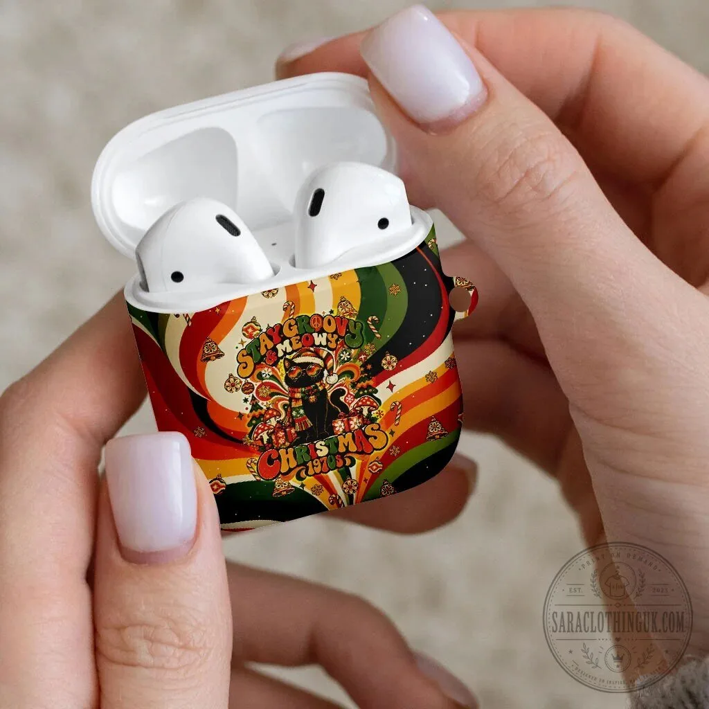 Groovy Christmas Black Cat AirPods Case Vintage 1970s Retro Holiday Waves Pattern 9 Groovy Christmas Black Cat AirPods Case Vintage 1970s Retro Holiday Waves Pattern