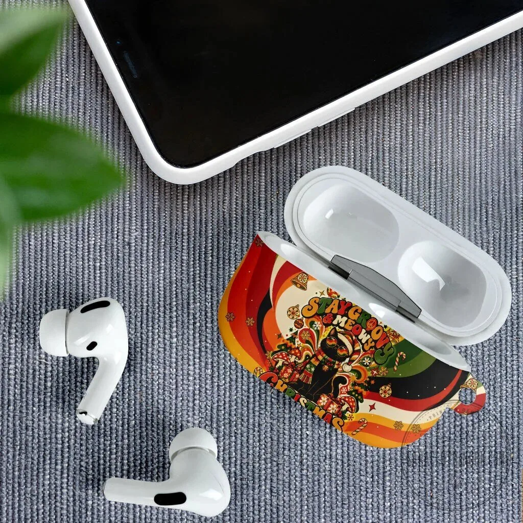 Groovy Christmas Black Cat AirPods Case Vintage 1970s Retro Holiday Waves Pattern 10 Groovy Christmas Black Cat AirPods Case Vintage 1970s Retro Holiday Waves Pattern