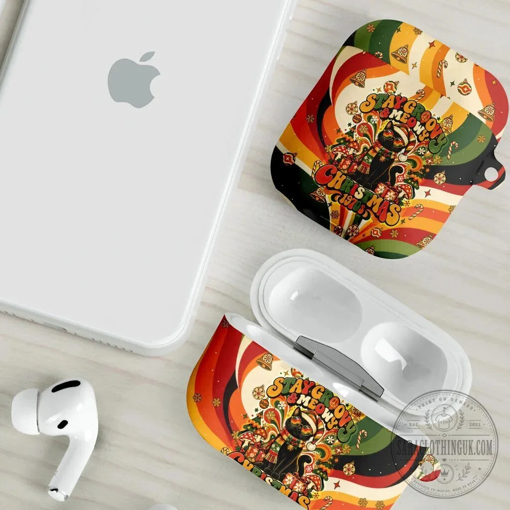 Groovy Christmas Black Cat AirPods Case Vintage 1970s Retro Holiday Waves Pattern 11 Groovy Christmas Black Cat AirPods Case Vintage 1970s Retro Holiday Waves Pattern