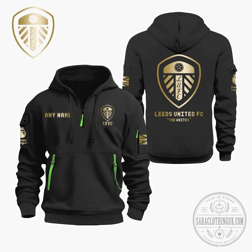 Leeds United Football Club Personalized Name Black Quarter Zip Hoodie