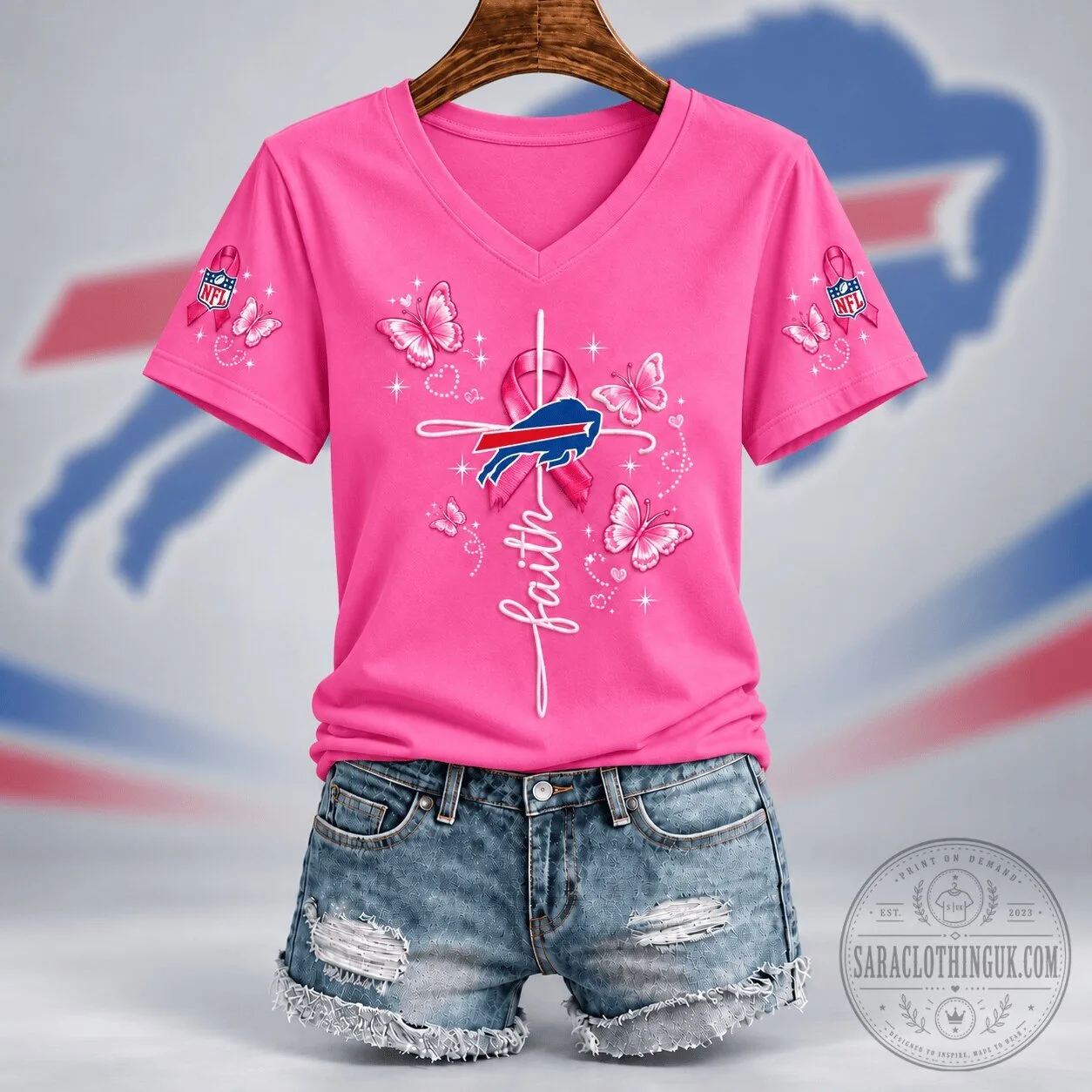 Buffalo Bills NFL Faith Hope Love Breast Cancer Awareness Pink V-Neck T-Shirt