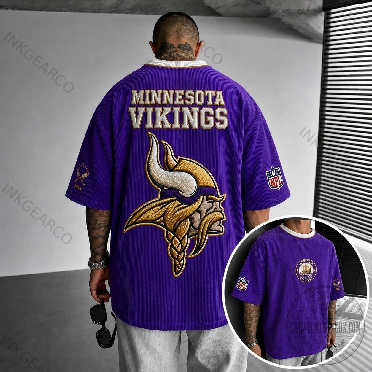 Minnesota Vikings NFL Football Team Logo Embroidered Purple Short Sleeve T-Shirt 4 Minnesota Vikings NFL Football Team Logo Embroidered Purple Short Sleeve T-Shirt
