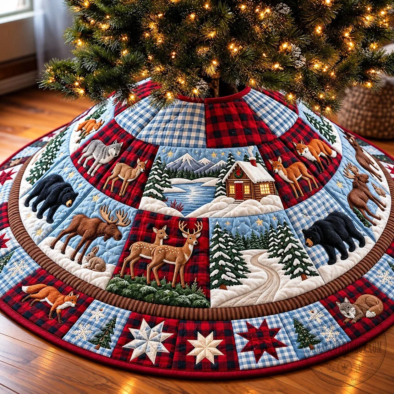 Woodland Patchwork Quilted Christmas Tree Skirt with Deer and Bear Design 9 Woodland Patchwork Quilted Christmas Tree Skirt with Deer and Bear Design