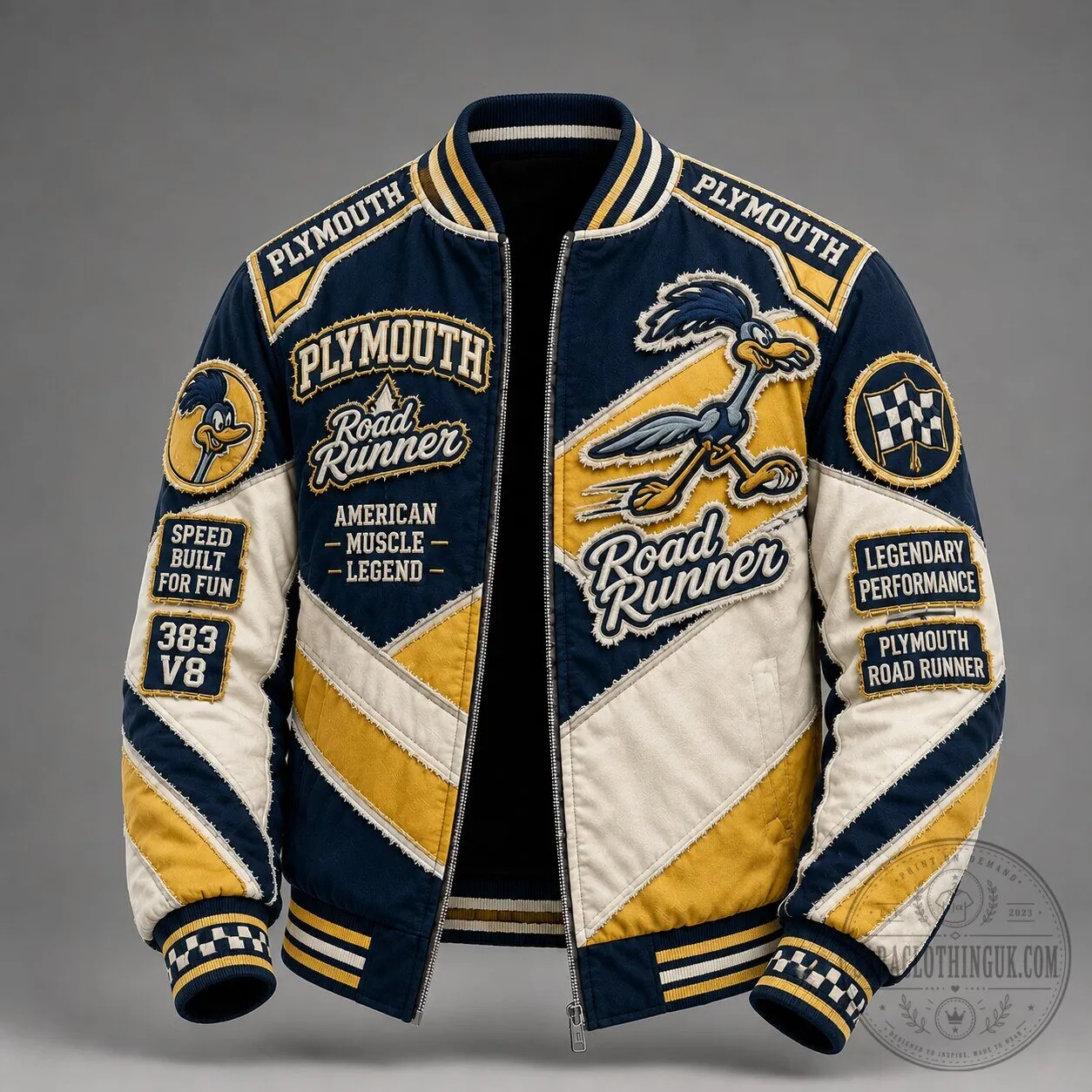 Plymouth Road Runner American Muscle Legend Bomber Jacket with Patches 2 Plymouth Road Runner American Muscle Legend Bomber Jacket with Patches