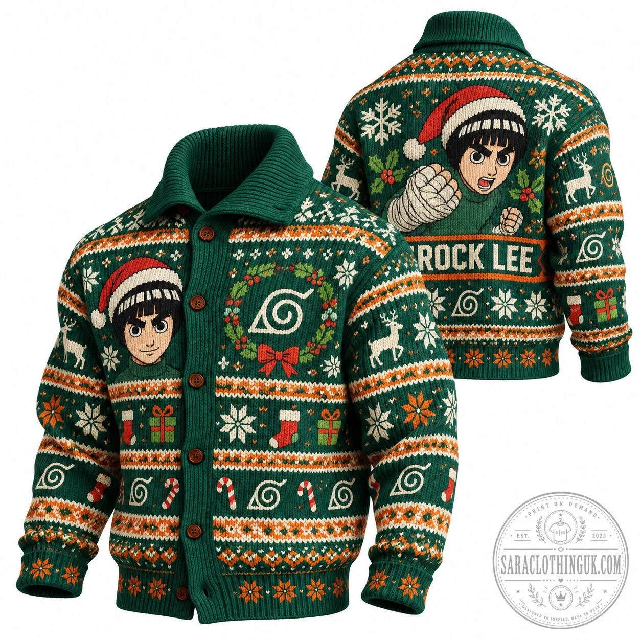 Naruto Rock Lee Christmas Holiday Ugly Sweater Style Knitted Cardigan 1 Naruto Rock Lee Christmas Holiday Ugly Sweater Style Knitted Cardigan