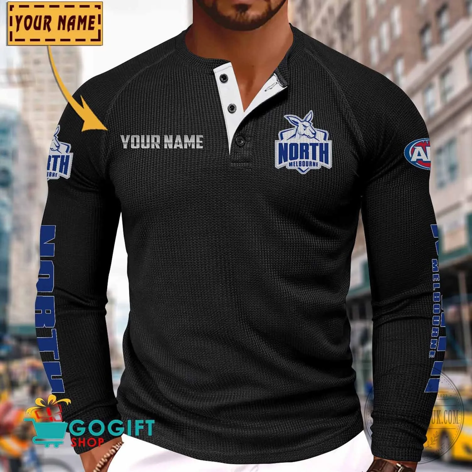 North Melbourne Football Club Personalized Long Sleeve Henley Shirt