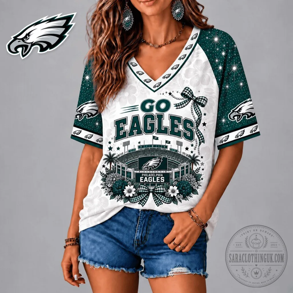 Philadelphia Eagles Football Team Patriotic Floral Bow V-Neck Raglan T-Shirt Philadelphia Eagles Football Team Patriotic Floral Bow V-Neck Raglan T-Shirt
