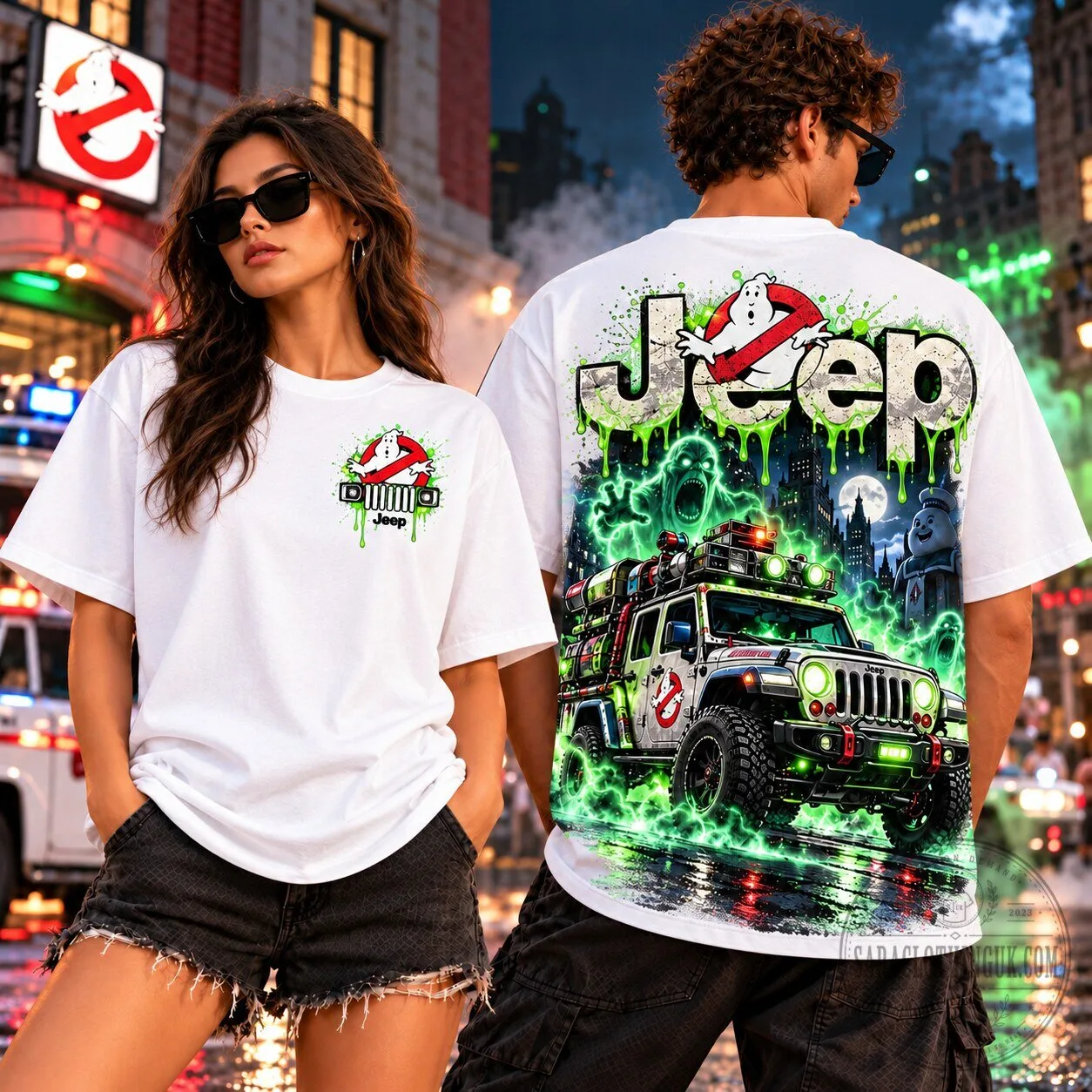 Ghostbusters Jeep Slimer Neon Green Adventure T-Shirt for Everyday Wear