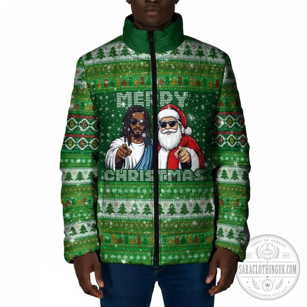 Black Jesus And Santa Claus Ugly Christmas Sweater Padded Jacket