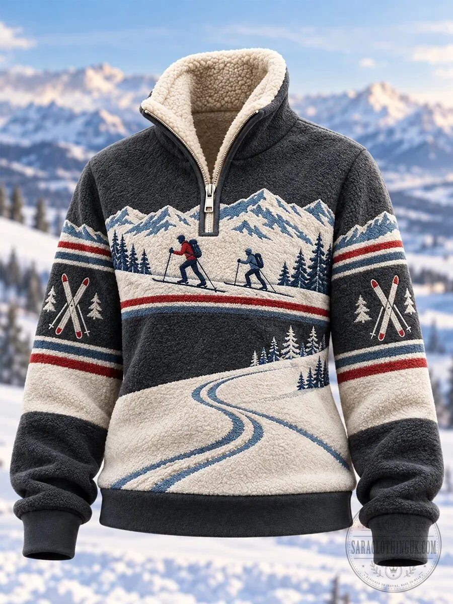 Skiing Mountain Winter Landscape Sherpa Fleece Quarter-Zip Pullover 1 Skiing Mountain Winter Landscape Sherpa Fleece Quarter-Zip Pullover