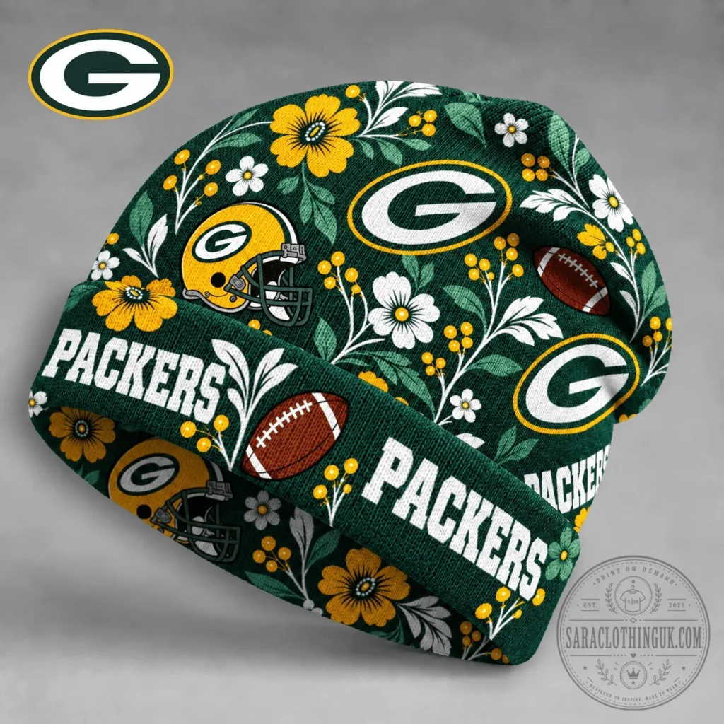 Green Bay Packers Floral Pattern NFL Football Team Knit Beanie Hat Green Bay Packers Floral Pattern NFL Football Team Knit Beanie Hat