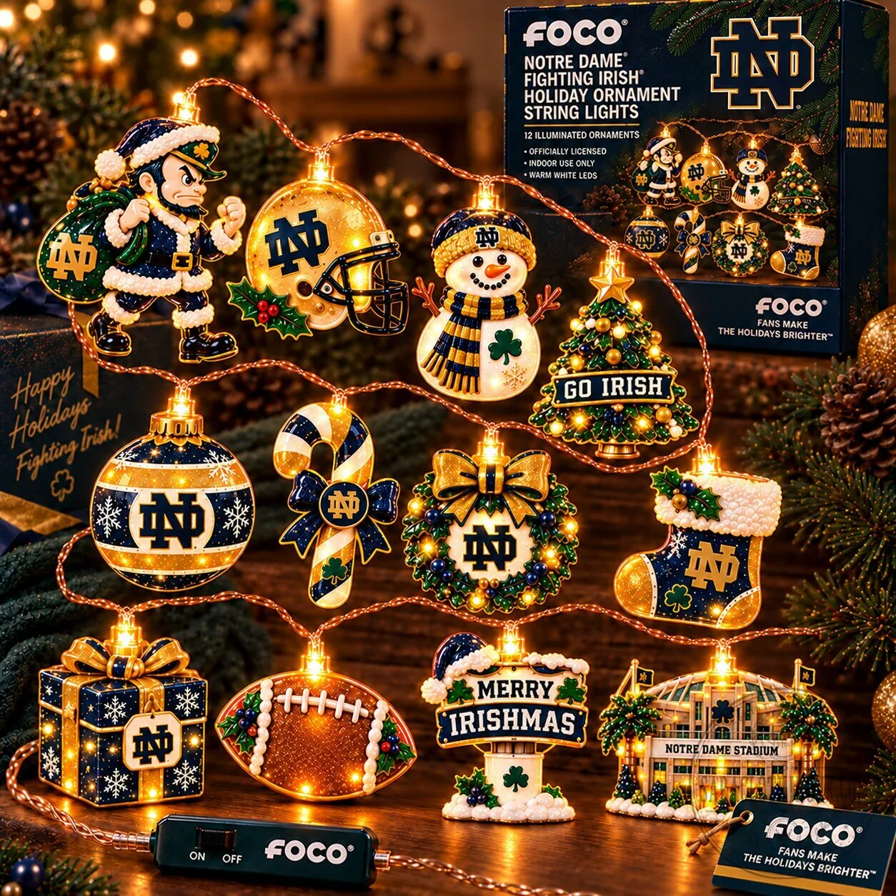 Notre Dame Fighting Irish Christmas Holiday Ornament String Lights 3 Notre Dame Fighting Irish Christmas Holiday Ornament String Lights