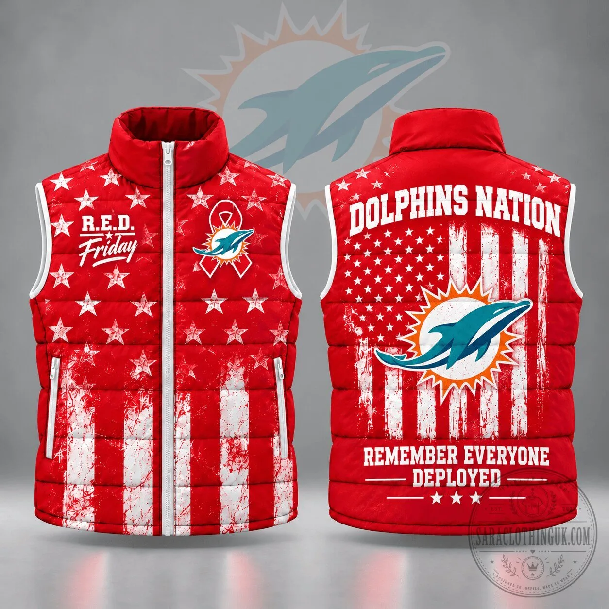 Miami Dolphins R.E.D. Friday Remember Everyone Deployed Stars and Stripes Puffer Vest